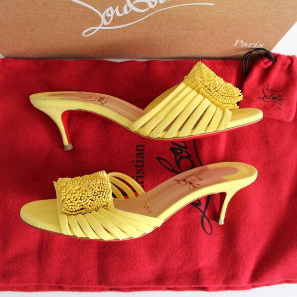 Christian Louboutin Belbrossa Yellow Suede Pompom Fringe Slip-On Kitten Heels - Picture 4 of 16